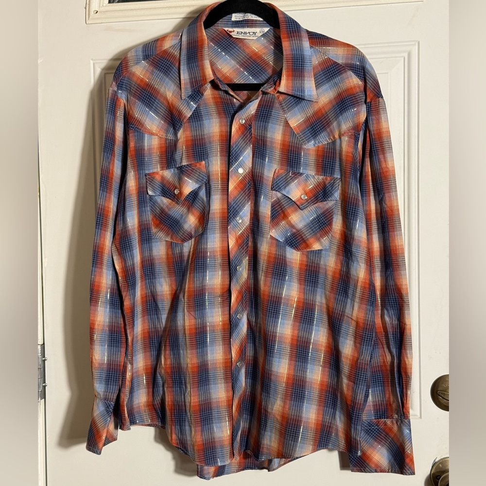 Men's Vintage 1980s Envoy Plaid Pearl Snap Gold Metallic Thread Shirt Large